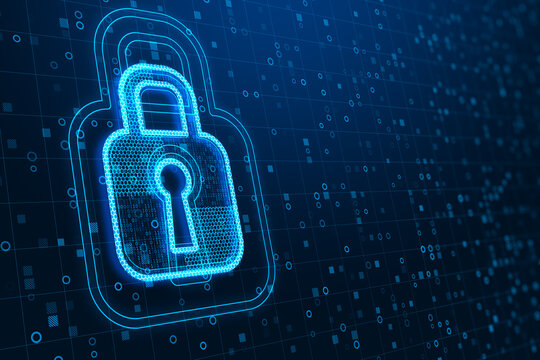 Abstract glowing padlock icon on dark binary code background with mock up place. Digital protection and security concept. 3D Rendering.