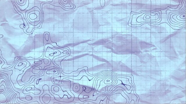 Topographic map on a crumpled white sheet of paper. 3d rendering loop animation