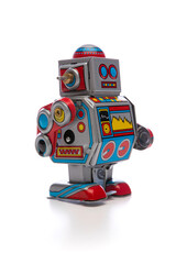 Vintage style robot toy isolated on white background