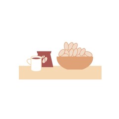 Vector cartoon flat cup and package of coffee beans with plate of cookies isolated on empty background-balanced diet,healthy eating and food cooking concept,web site banner ad design