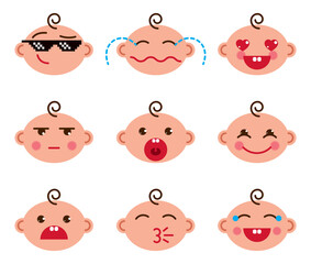Cute baby cartoon vector flat icons set of emoji smiley collection, adorable, happy, smiling, laughing, showing tongue, cool pixel glasses, showing tongue, crying, sad and angry.