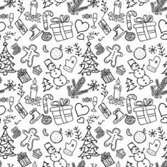 Seamless new year pattern. Background with doodle new year and christmas icons. Illustration with gift box, snowman, christmas tree, sweets, hat, orange isolated on white background