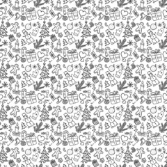 Seamless new year pattern. Background with doodle new year and christmas icons. Illustration with gift box, snowman, christmas tree, sweets, hat, orange isolated on white background