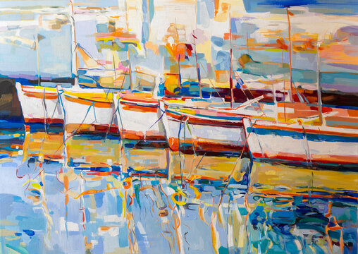 Original oil painting. Fishing boats. Modern art.