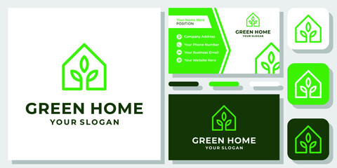 Plant Home Leaf House Nature Building Tree Organic Green Logo Design with Business Card Template