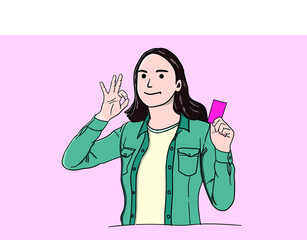 Happy young adult asian woman showing ok sign, standing with red cards in hands