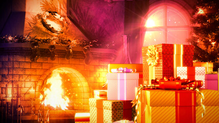 gifts pile and chimney for christmas holiday with free place - abstract 3D rendering