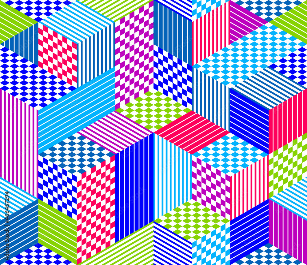 Poster 3d cubes seamless pattern vector background, rhombus and triangles dimensional blocks, architecture 