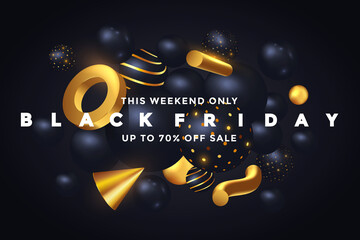 Black Friday Sale banner design. Black rubber balloon sign and geometric flowing 3d golden and black shapes with glitters