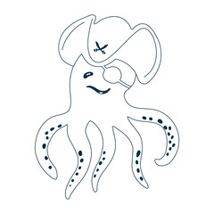 Funny octopus in a pirate cocked hat and bandage isolated on a white background. Marine mammal in the form of a pirate. Handdrawn vector illustration