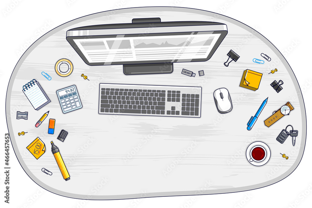 Fototapete Work desk workspace top view with PC computer and a lot of different stationery objects on table with copy space for text. All elements are easy to use separately or recompose illustration. Vector.