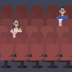 Flat People Sitting in the Cinema and Watching a Movie. Colorful Vector Illustration.
