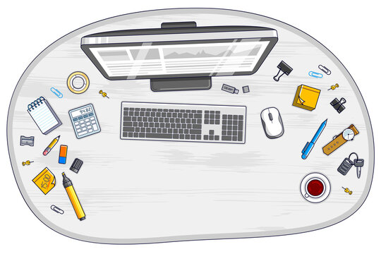 Work desk workspace top view with PC computer and a lot of different stationery objects on table with copy space for text. All elements are easy to use separately or recompose illustration. Vector.