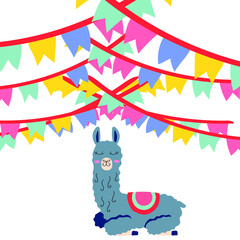 Cute cartoon sticker lama set with cactus rainbow mountains vector design on white