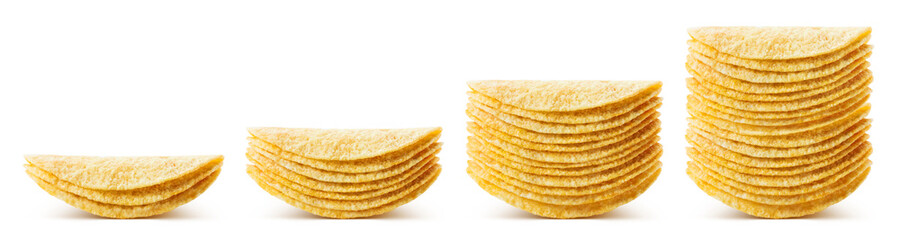 Collection of potato chips stacks, isolated on white background