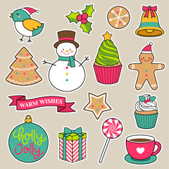 Set of cute cartoon badges, fun stickers design, christmas and new year concept elements.