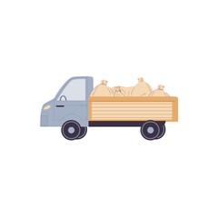 Naklejka premium Vector flat cartoon truck loaded with bags isolated on empty background-travel,transportation,auto industry concept,web site banner ad design
