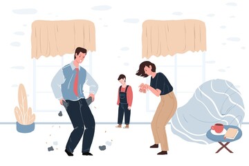 Vector cartoon flat parents characters quarreling about dad's low wage problem,while upset unhappy child watching.Family relationships,social behavior and psychology concept,web site banner ad design