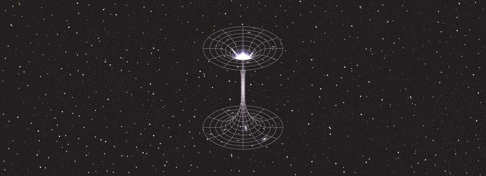 Wormhole funnel on universe background. Black hole, singularity. Line Vector illustration, EPS 10