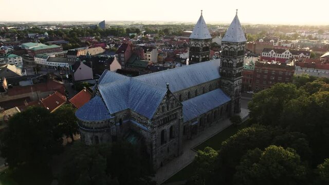 Drone slowly circling Lund Cathedral, Sweden