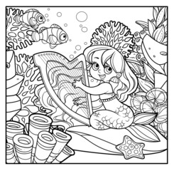 Cute little mermaid girl sit on stone and playing the harp outlined for coloring page on seabed with corals and algae background