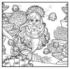 Cute little mermaid girl in coral tiara shows a long pearl necklace to a fish outlined for coloring page on seabed with corals and algae background