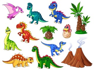 Funny dinosaurs. Cartoon dinosaur, cute dino collection. Palm tree, funny prehistoric animals. Childish beast, paleontology garish vector characters