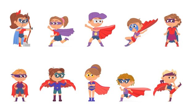 Superhero kids. Superheroes in cape, children group jumping and flying. Cartoon heroes, girl wear mask and costume decent vector characters