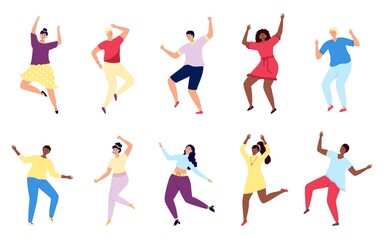 Fototapeta na wymiar Happy dancing characters. Excitement girl and boy dance, isolated active flat people. Entertainment, party or festival, fun friends utter vector set