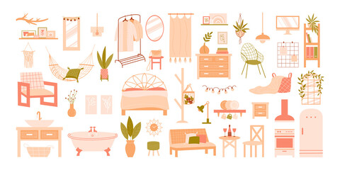 Collection of furniture and home decor in boho style. Vector flat illustration. Modern interior items: sofa, armchair, houseplant, lamp, shelf, bed, fridge, mirror, bath
