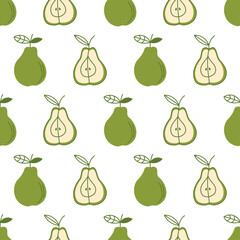 Seamless pattern with pears. Simple vector flat illustration with green fruits on a white background. Organic plant food