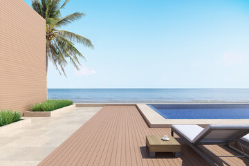 Luxury wooden terrace and swimming pool on sea view background. 3d illustration.