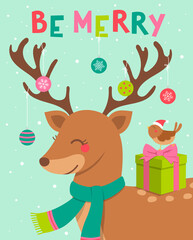 Obraz na płótnie Canvas Cute reindeer and bird cartoon character illustration for christmas and new year celebration.