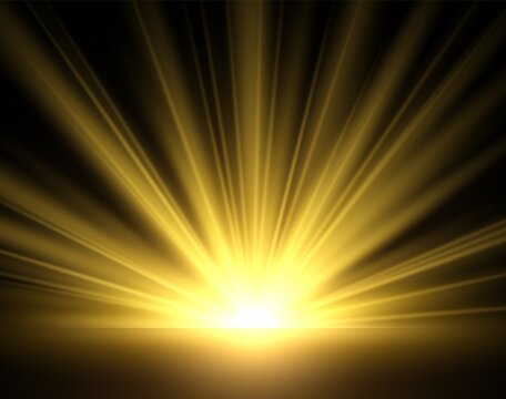 Silicon omgive skepsis Golden glow of sun rays. Yellow light isolated on black background. Golden  bright sunlight, transparent starburst, morning sunrise. Sunny weather  backdrop vector realistic illustration Stock Vector | Adobe Stock