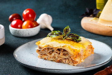 Piece of tasty hot lasagna on light background. Traditional italian lasagna. Italian food. Close up lasagna. Bolognese sauce. Bechamel sauce. Still life of food. Homemade meat lasagna.