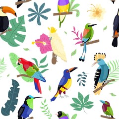 Seamless pattern exotic birds. Tropical flora and fauna, bright big parrots, flowers and branches, caribbean animals, bright toucan. Decor textile, wrapping paper, vector print