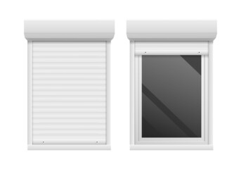 Rolling shutters. Roller blind windows metal frame. Open and closed jalousie mockup. Home safety and privacy. Glass protection louvers template. Vector plastic facade roll curtains set