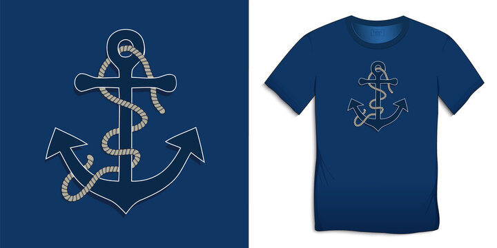 Anchor with roppe, marine t-shirt graphics design, blue background vector
