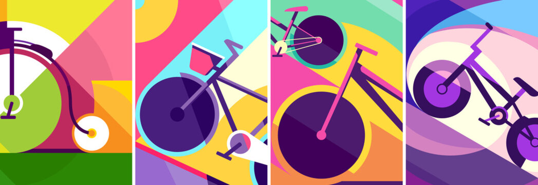 Collection of posters with bicycles. Placard designs in flat style.