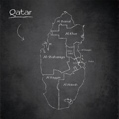 Qatar map, separates regions and names, design card blackboard, chalkboard vector