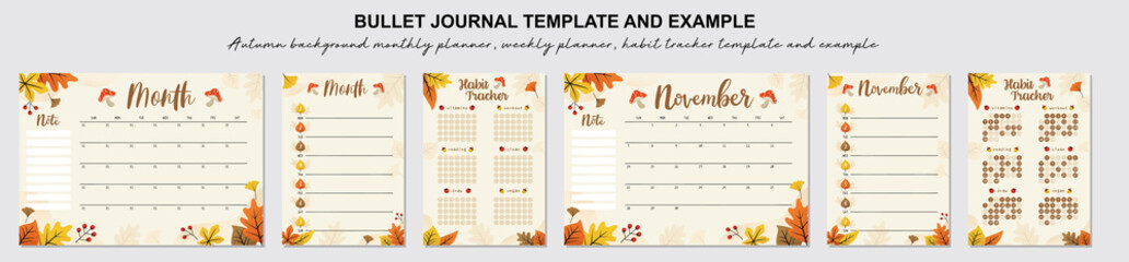 Autumn monthly planner, weekly planner, habit tracker template and example.  Template for agenda, schedule, planners, checklists, bullet journal, notebook and other stationery.