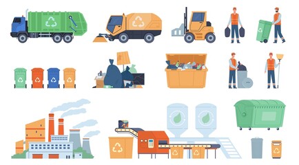 Garbage collecting service. Waste disposal, street dustbins, city dump, trash recycling and transportation, sorting conveyor, refuse and reuse industry, vector cartoon flat isolated set