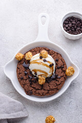 Giant chocolate skillet cookies with ice cream