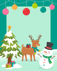 Cute cartoon snowman and reindeer illustration with copy space for christmas card.