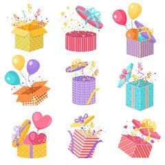 Open confetti boxes. Magic pleasant surprise box, opening gift package, flying colorful balloons, streamers and hearts, wrapped giftbox with ribbons, party present, vector cartoon set