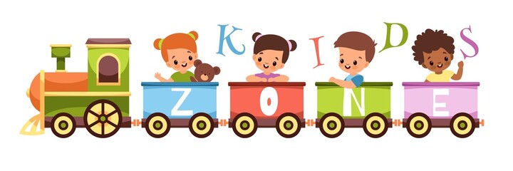 Kids zone wagon. Happy children carriages ride in train, little passengers in travel, boys and girls playground poster, children area horizontal banner, vector cartoon flat isolated concept