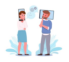 Media addiction. Man and woman with smartphone heads. People addicting of social media networks. Mental disorder. Unhealthy habit. Persons communicate through messengers. Vector concept