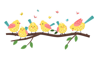 Birds and butterflies. Funny spring butterfly and yellow bird with pink wings set on garden green branch romance elegant cute design vector illustration