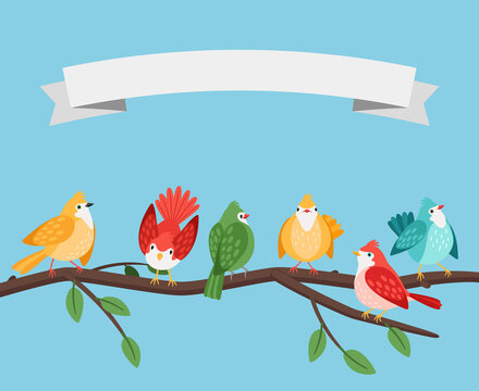 Birds on tree branch. Foliage branches bird set spring poster tenplate, robin canary sparrow tit goldfinch birdie on ramification children vector image