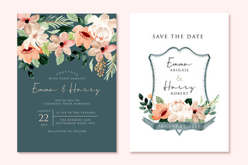 Fototapeta premium wedding invitation with green peach watercolor floral frame